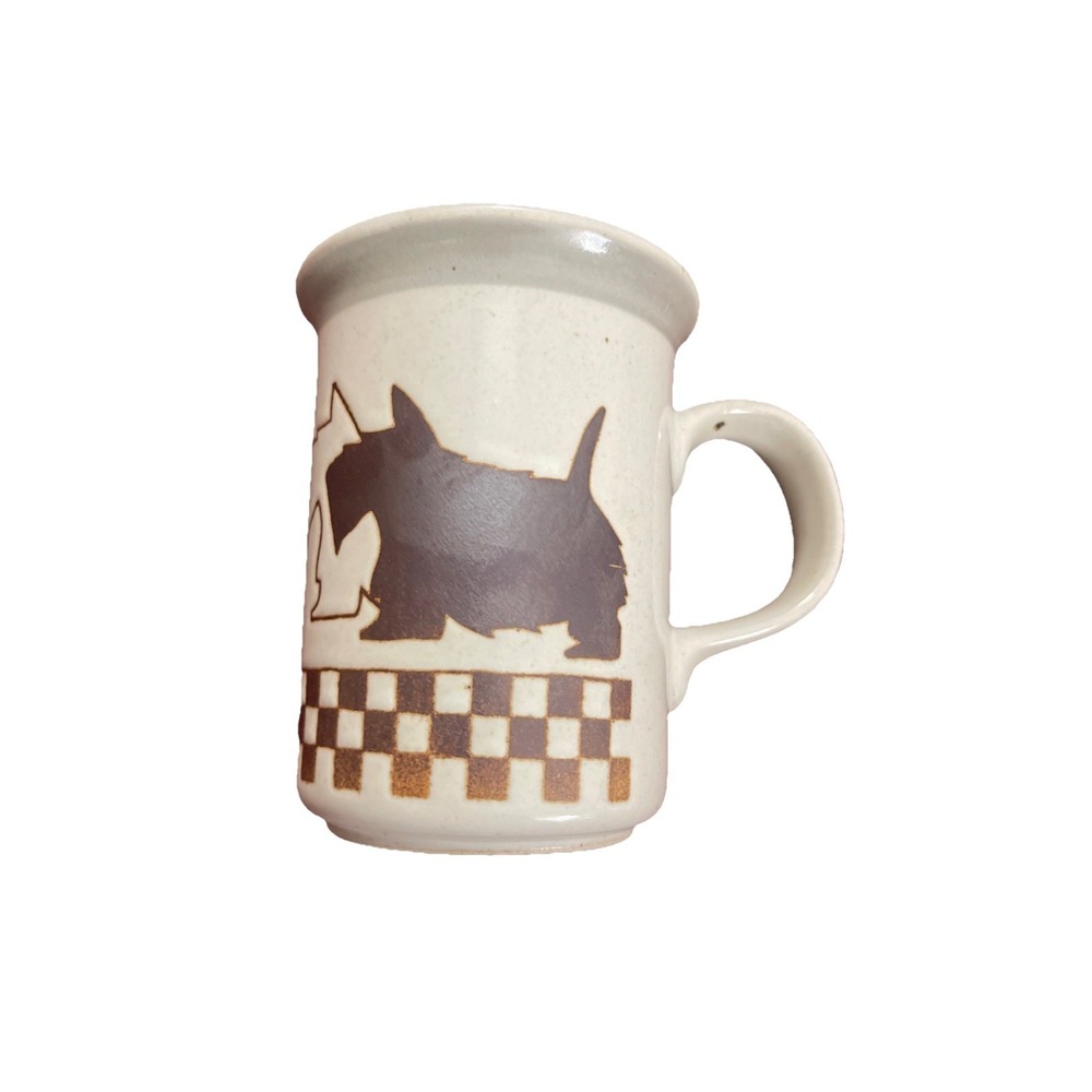 Vtg Scotty Dog Checkers Stoneware Tan & Brown Coffee/Tea Mug Glazed 4" Tall READ